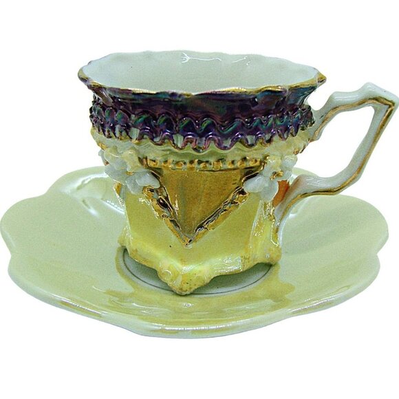 Vintage Germany Demitasse Mini Porcelain Lusterware Teacup Saucer Purple Yellows